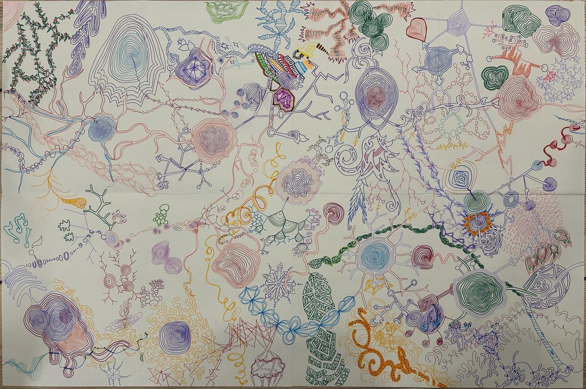 A collaborative drawing mural done by Sebastian and his students