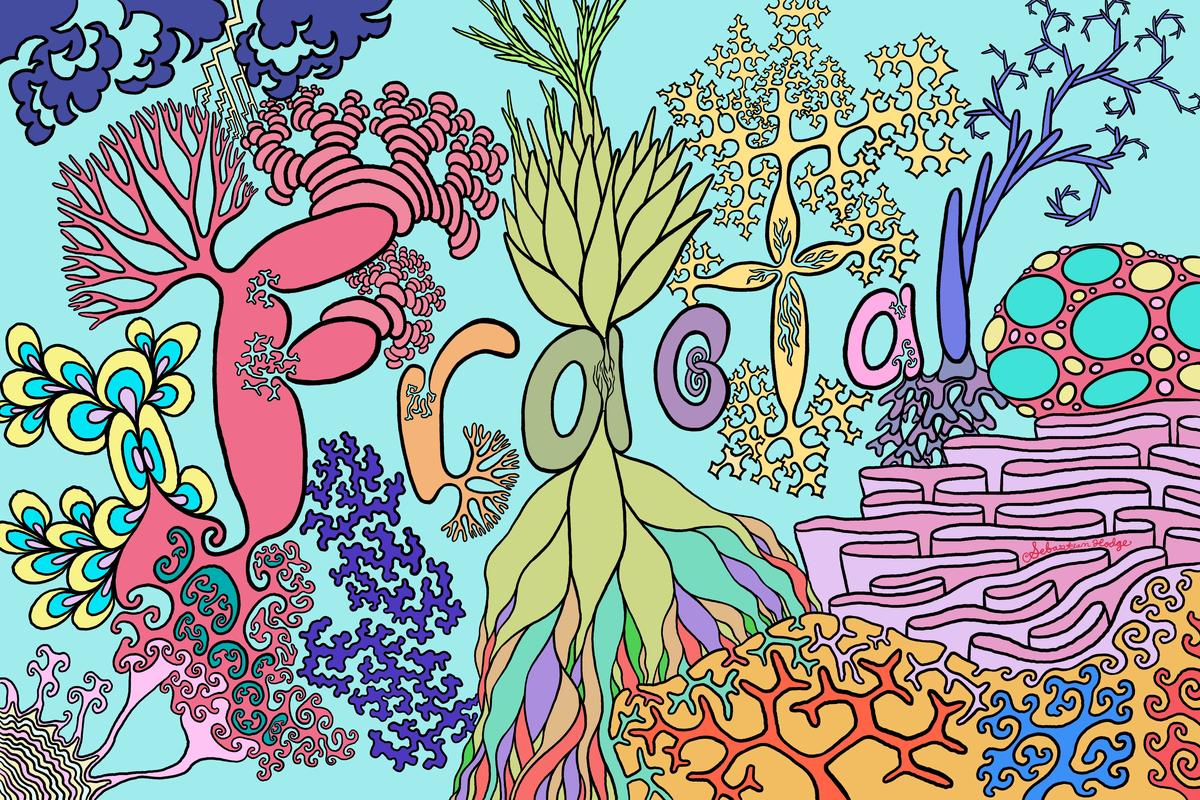 A poster of the word 'fractal' with many fractals growing off and around it.