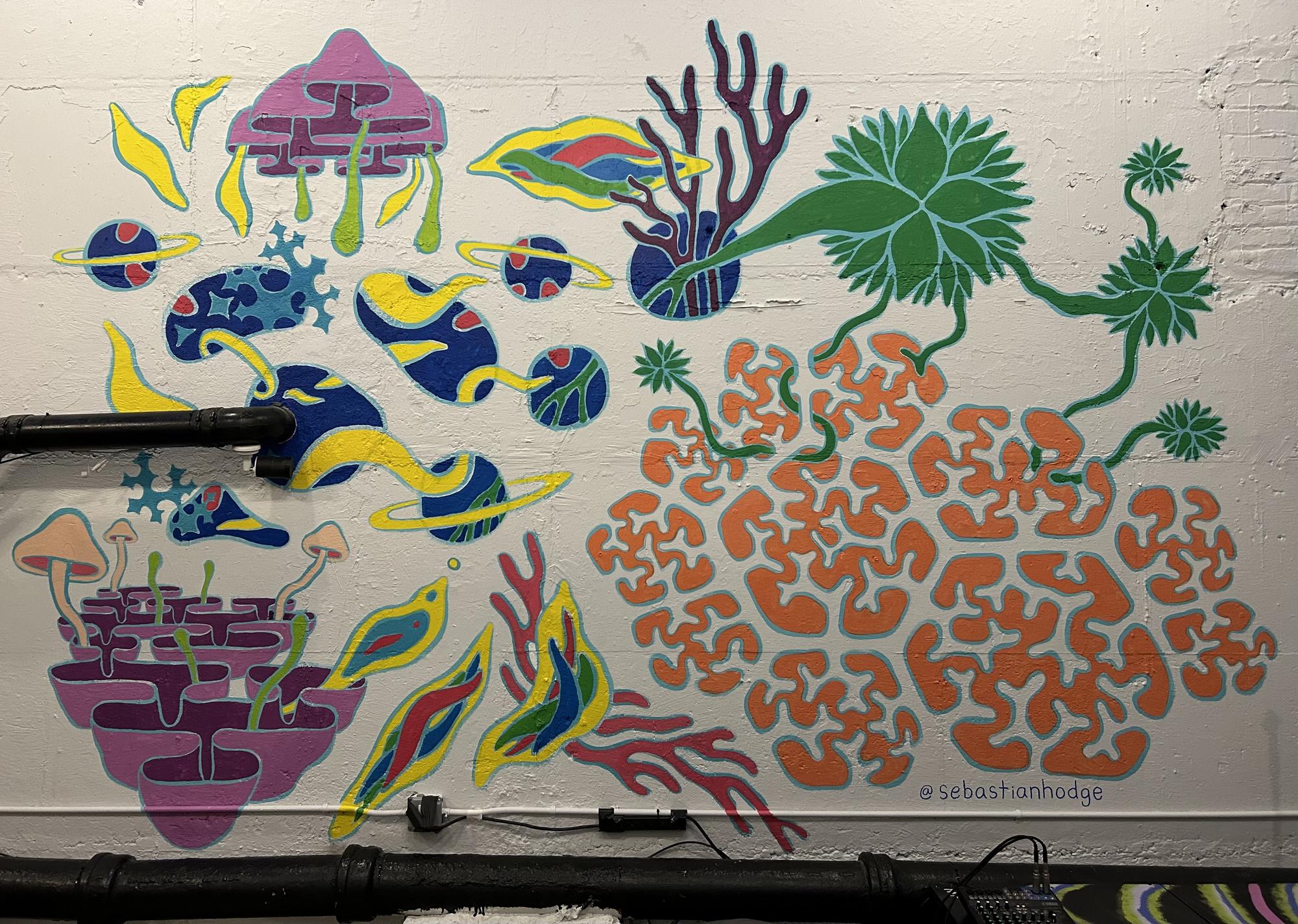 A fantastical mural painted by Sebastian.
