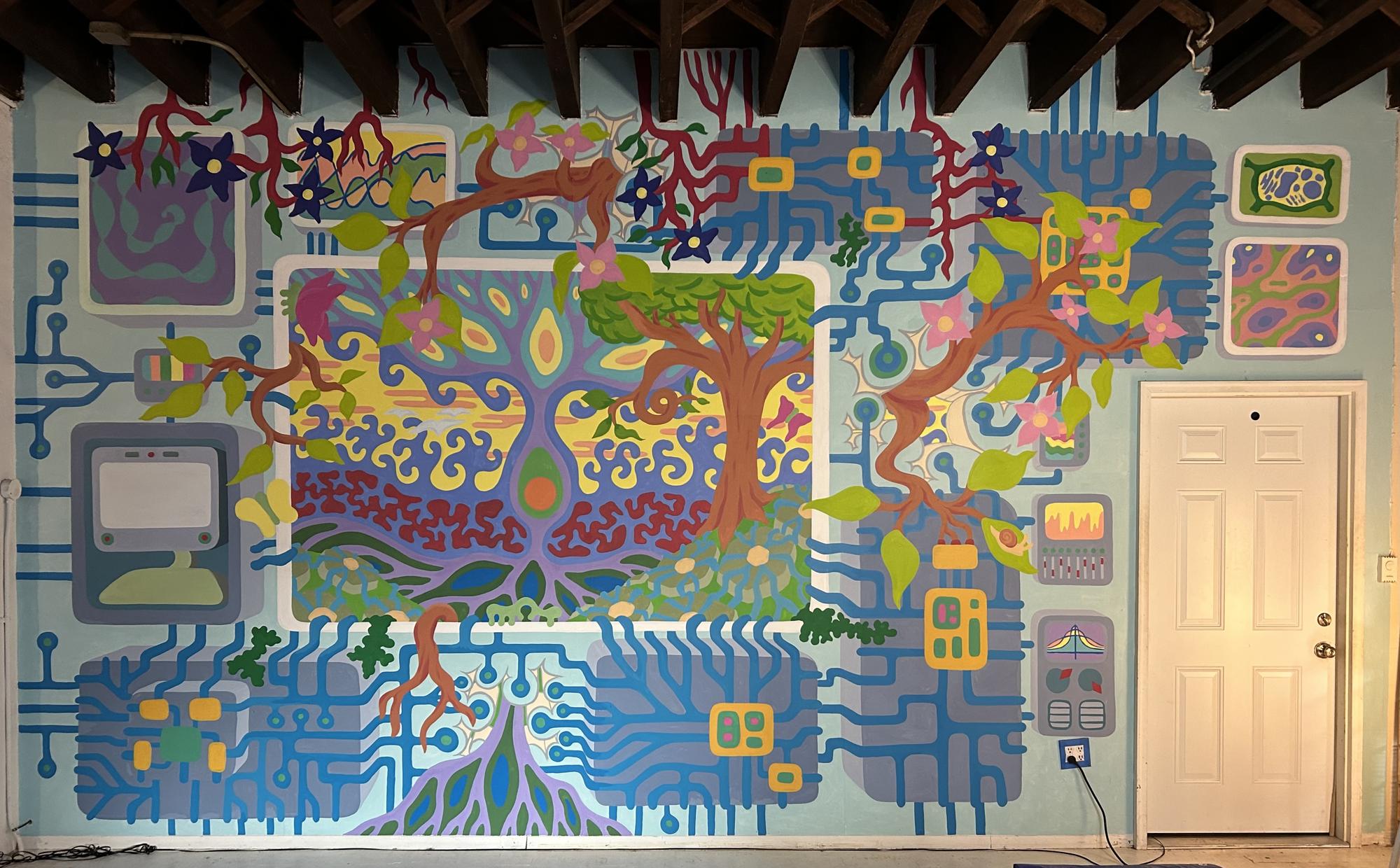 A solarpunk-esque mural painted by Sebastian, embodying themes of interconnection between nature, humanity, and technology.