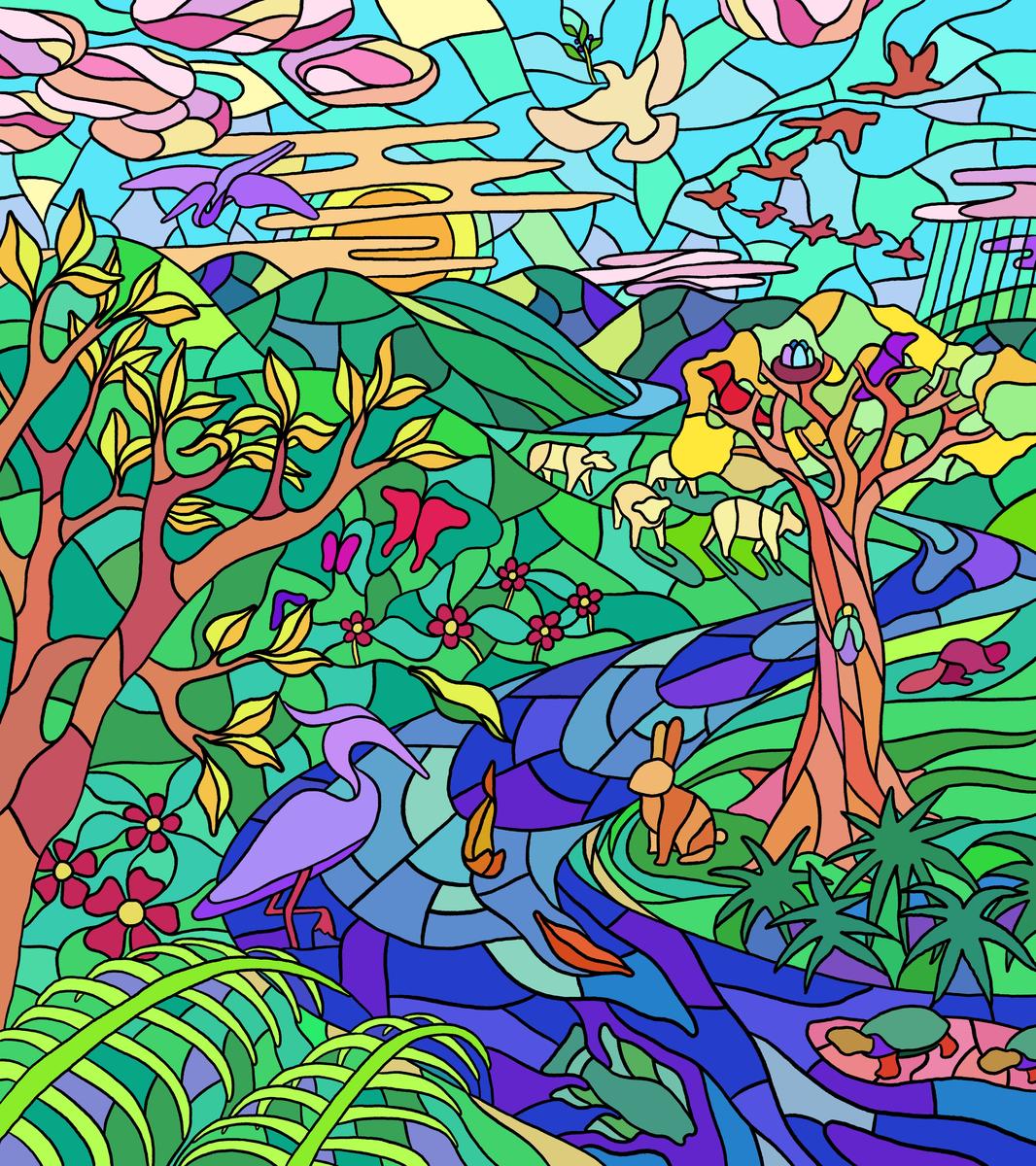 The design for a stained glass window in a chapel meditation space