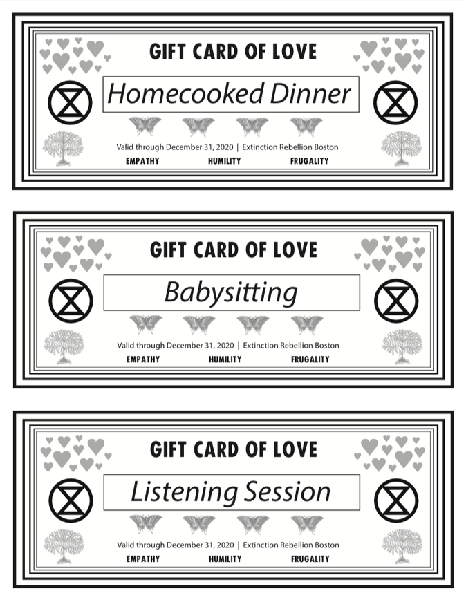 Sustainability Gift Cards designed for Extinction Rebellion Boston holiday actions (2020)